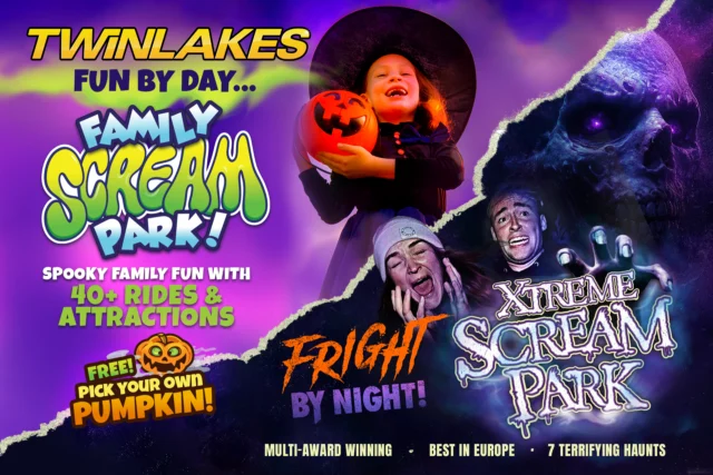 Fun by Day, Fright by Night! 🎃

From this weekend, Twinlakes transforms into Twinlakes Family Scream Park! 👻

Enjoy over 40 rides & attractions, FREE pumpkin picking, the Witch Wagon, Monster Rave, spooky games and plenty of friendly characters. With over 150,000 sq ft of indoor fun and free parking, there’s something for the whole family! 🤩

Then, as night falls… Xtreme Scream takes over for anyone 14 years + 😈

And it all starts TONIGHT!

Experience the UK’s Best Scream Park with 7 award-winning scare attractions, terrifying haunts, roaming actors, street theatre, aerial acts, circus performances, laser shows, rides, food, drinks and plenty of scares, laughs and Halloween chaos. 🔥

Two award-winning Halloween experiences.
One unforgettable destination.

Fun by day. Fright by night - Which one are you brave enough for? 👀