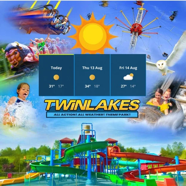 Make a splash and cool off in our HUGE water park during this heatwave! 💦

With entry starting from ONLY £13.09, enjoy a family fun day our and cool off in our splash-tastic water park!☀️

With the weather warming up, we're opening our water park even later until 6:30pm!🚨

Book online to secure your space NOW! ✨

www.twinlakespark.co.uk
