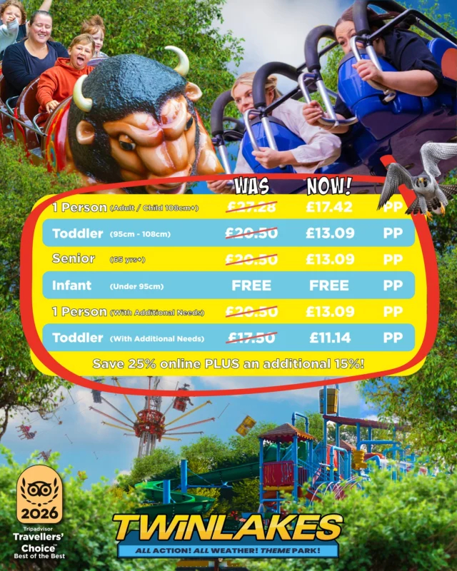 £11.14 for a full day out?! 👀

Rides ✔️🎢
Animals ✔️🐰
Splash fun ✔️💦
Indoor & outdoor play ✔️🛝
Loads of family fun ✔️🤩

There’s loads included in your Twinlakes ticket, when you’re looking for a day out that won’t break the bank! 🙌

PLUS visit us this summer and return for only £5pp!🚨

Tickets from just £11.14 when you book online 🎟️

www.twinlakespark.co.uk